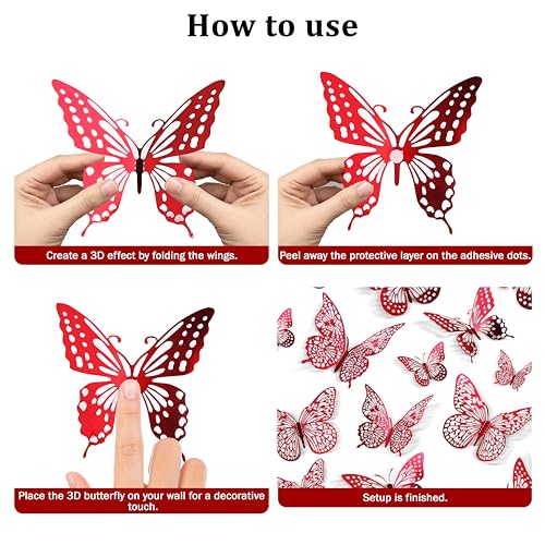 Decoración de pared mariposas 3D rojas juego 48 piezas miniatura 7