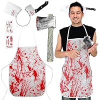 Smlper Costume macellaio pour Halloween, set horror macellaio pour Halloween, grembiule insanguinato da uomo in accessorio per capelli, coltello di scena, tatouage avec cicatrices du zombie-hache