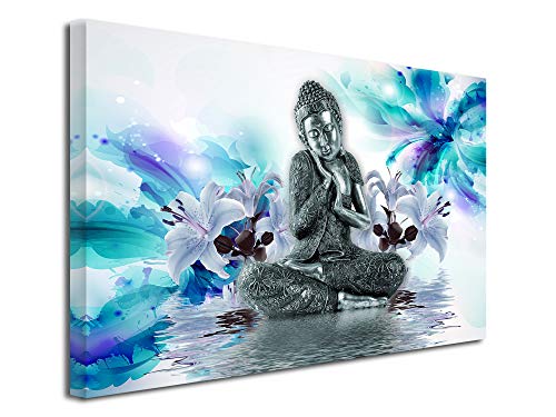 DECLINA Tableau Ambiance Zen Bouddha ET Fleurs - Impression sur Toile décoration Murale Zen - Déco Maison, Cuisine, Salon, Chambre Adulte - Turquoise 50x30 cm