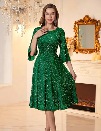 Image of HomRain Women's Church Dresses Modest Bell Sleeve Wedding Guest Cocktail Tea Party Vintage Evening Dress