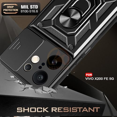 Image of Armor Bumper Back Cover Case for Vivo X200 FE 5G Rotating Camera Cover, Ring Holder & Kickstand | Heavy Duty & 360 Degree Protection Vivo X200 FE 5G Back Cover (Black)