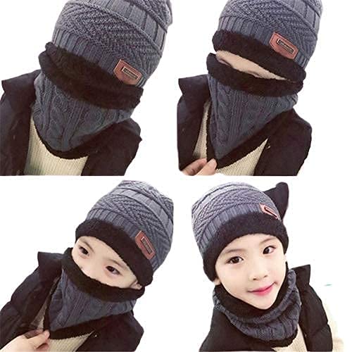 Dressify® Warm Knit Hats, Skull Cap with Neck Warmer Winter Wear Beanie Hats Scarf Set for Kids Boy's I Girl's Grey Color 2