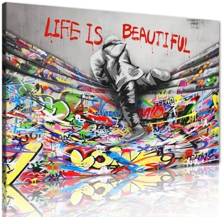 Curtains Graffiti Wall Art for Living Room Large Size Framed Canvas Wall Art Colorful Graffiti Artwork Life is Beautiful Posters Prints Modern Home Office Decor Ready to Hang - 44x28inch