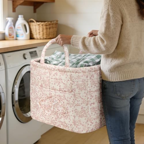Image of Quilted Fabric Basket Foldable Car Storage Boho Floral Laundry Basket Hamper for Nursery Bedroom & Living Room | Organize Clothes Toys