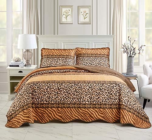 Masterplay 3-Piece Fine Animal Print Oversize (100" X 95") Quilt Set, Bedspread Coverlet Queen Size Bed Cover (Leopard Tiger Brown Black Stripe)