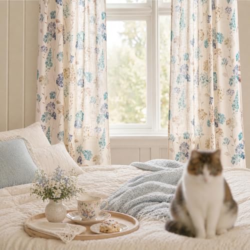 Image of jinchan Floral Linen Curtains 96 Inch Vintage Cottagecore Back Tab 2 Panels