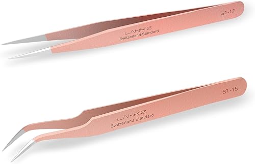 Lankiz - Pinzas de pestañas para extensiones de pestañas, pinzas de pestañas para extensiones de pestañas de acero inoxidable, rectas y curvas,