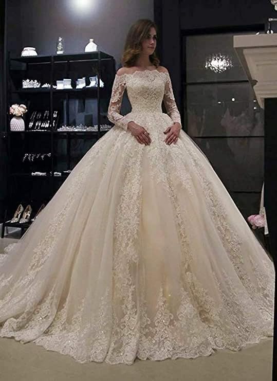 Snow Lotus Abito da Sposa in Pizzo con Spalle Scoperte da Donna Abiti da Sposa a Maniche Lunghe-Taglia Nuziale 38, Abito da Sposa Italiano Taglia: 38ESBAN