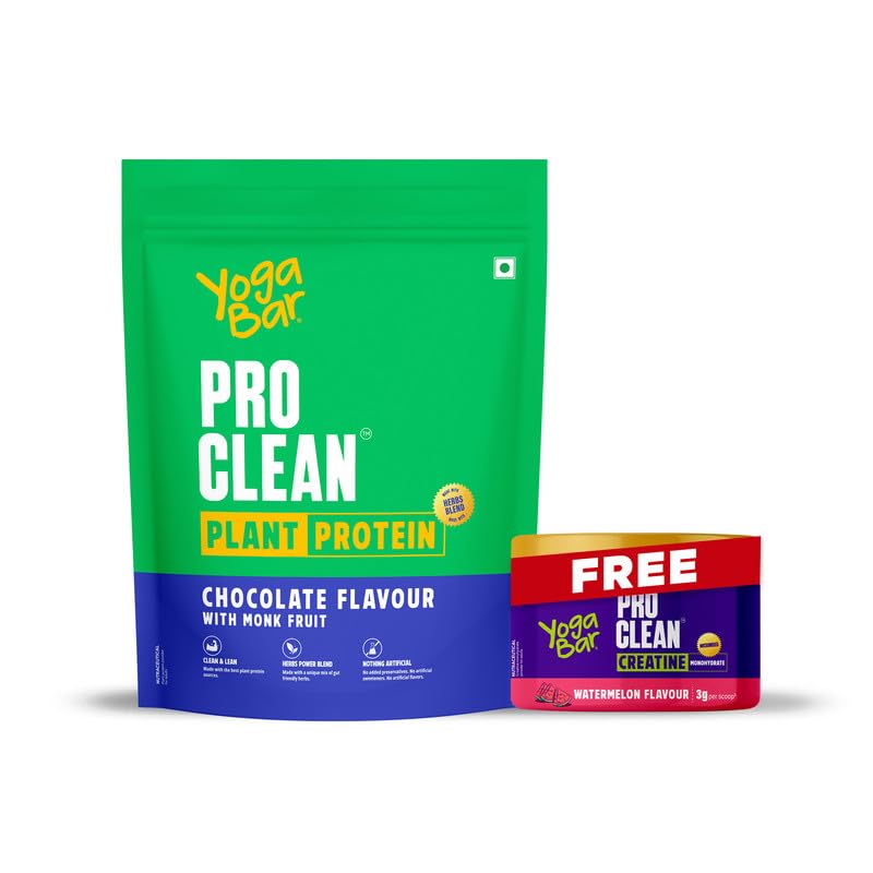 Image of Yogabar ProClean Plant Protein (with FREE Creatine 114G) - 25G Protein Per Serve - Chocolate Flavour With Monk Fruit Sweetener - Cleanest & Lightest Protein With Herbs (500G Pouch,13 Servings)