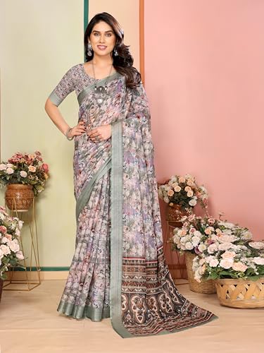 Image of Sidhidata Women's Cotton Linen Blend Lining Digital Printed Saree With Unstitched Blouse Piece (Linen Lining Saree)