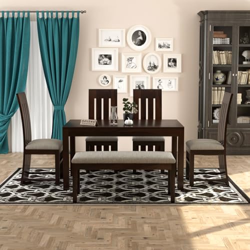 Image of Sheesham Wood 4 Chair with 1 Bench Dining Table Set with Cushioned Chairs for Dining Room | Living Room | | Hotels Restaurant (6 Seater with Bench, Walnut B)