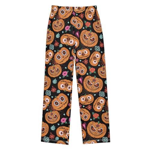 Pumpkin Flowers Happy Halloween Boys Long Pants Soft Trousers Elastic Waist Kids Lounge Bottoms with Pockets S-XL