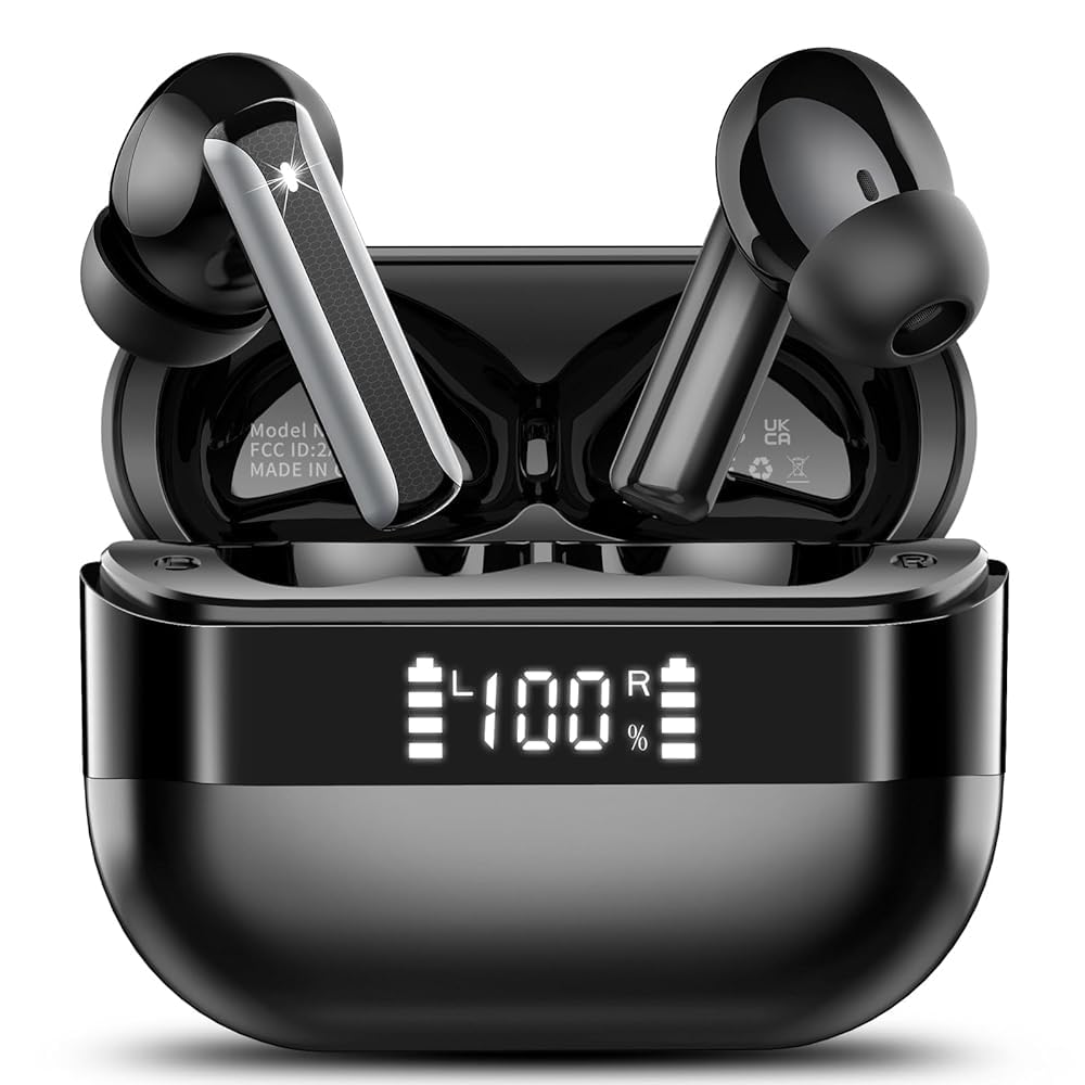 Wireless Earbuds, 2025 Bluetooth 5.4 Headphones Bass Stereo, Ear Buds with 4 Mics ENC Noise Cancelling, Bluetooth Earbuds 48H Playtime LED Display Charging Case, IP7 Waterproof in Ear Earphones, Black