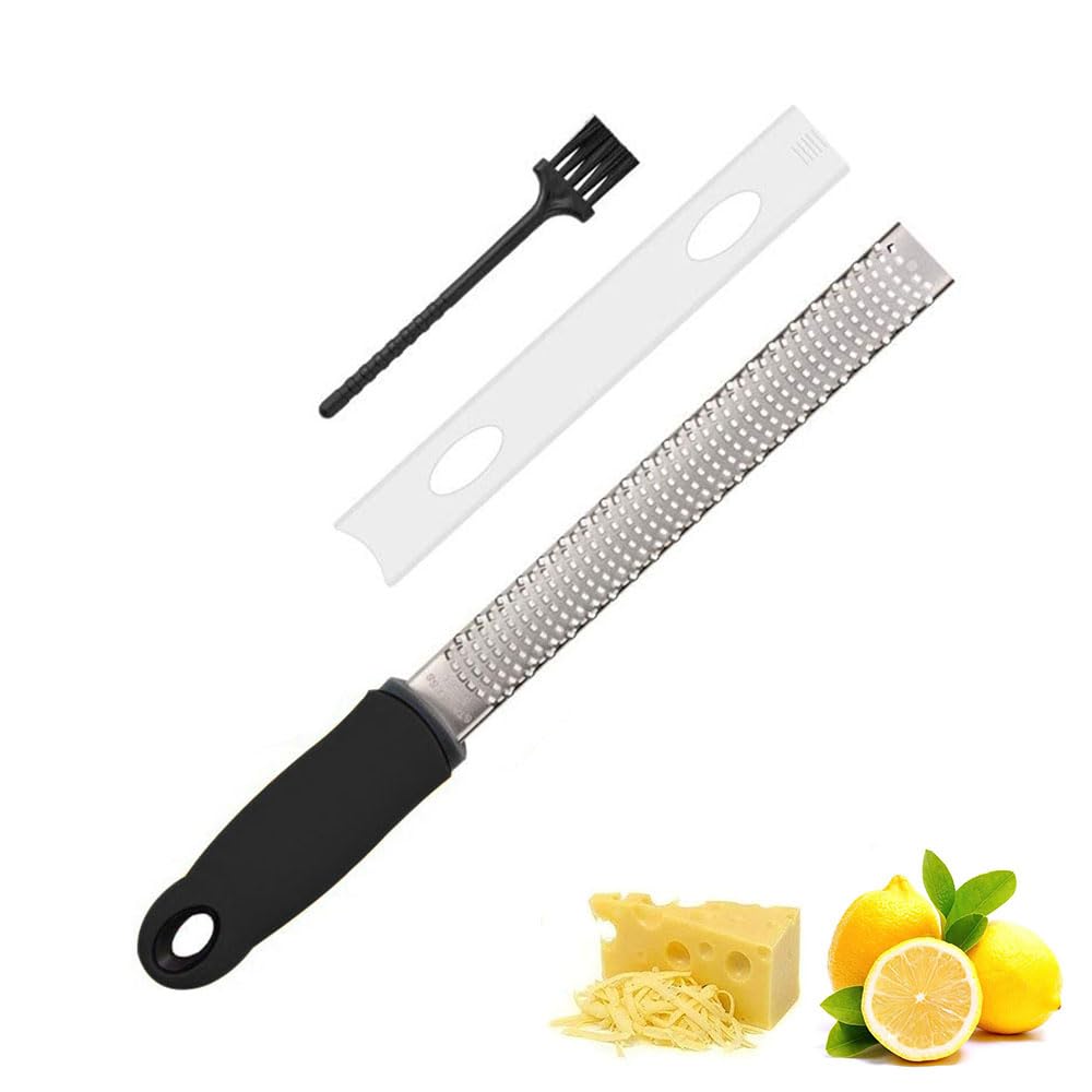 JZS Lemon Zester & Cheese Grater, Heavy Duty Stainless Steel Vegetable Grater for Parmesan, Citrus, Ginger, Nutmeg, Garlic, Chocolate, Fruits, Razor-Sharp Blade Protective Cover(Black)