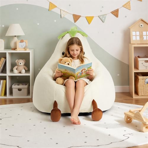 Image of 24 Inches Memory Foam Bean Bag Chair - Ultra Soft Faux Rabbit Fur Round Sofa with Handle & Machine Washable Cover, Eggplant-Shaped Kids Reading Chair for Bedroom, Living Room and Playroom, Beige