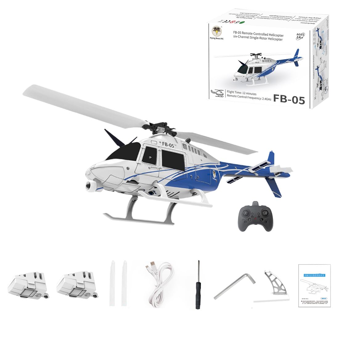 FB-05 2,4G RC Hubschrauber Mit Optical Flow Positionierung, Höhenhaltung, LED Navigationslicht Und Schwebefunktion Ferngesteuertes Flugzeug Helicopter Für Anfänger -Blau/2 Batterie