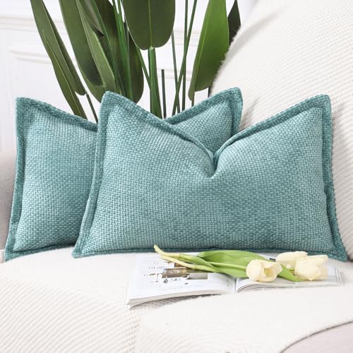 Image of MADIZZ Decorative Chenille Velvet Throw Pillow Covers Set of 2 Soft Boho Textured Neutral Couch Throw Pillow for Bed Modern Farmhouse Home Decor for Sofa Livingroom Turquoise 12x20 Inch