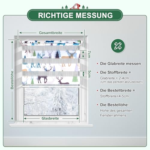 Deswell Doppelrollo mit Muster Weiß-Elch B85 x H120 cm(Stoffbreite 81cm), Doppelrollo Klemmfix ohne Bohren mit Motiv… – Ansicht 5