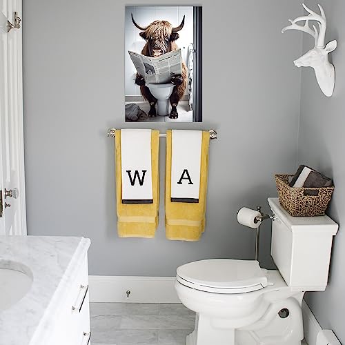 LZIMU Bathroom Highland Cow Wall Art Brown Cattle Sitting on Toilet Reading Newspaper Canvas Prints Funny Animals Posters Home Decor Framed (Bathroom-3 - Image 3