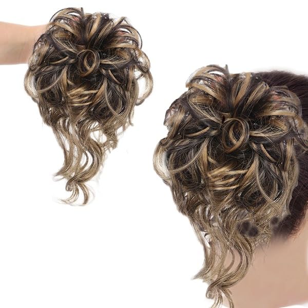 Hair Accessories For Women Stylish - Messy Bun Extension with Dangling Hair - Juda for Wedding - Artificial Fake Donuts Maker Scrunchies - With Elastic Rubber Band - 1 Pc - (Golden Highlight)