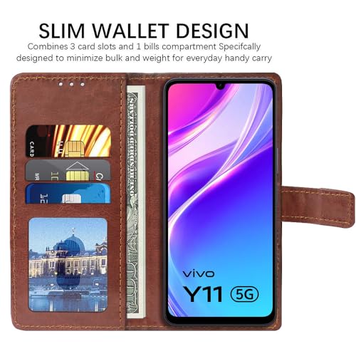 Image of Flip Cover Back Case Compatible with Vivo Y05 5G / Y11 5G / Y21 5G | Premium Leather Finish | Inbuilt Pockets & Stand | Flip Cover Back Case for Vivo Y05 5G / Y11 5G / Y21 5G (Brown)