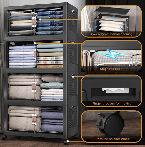 Image of UAMFURI Stackable Storage Bins with Lids, 480QT Closet Organizers and Storage Cabinet with Doors & Wheels, Lockable Plastic Foldable Drawers for Bedroom Dorm Office Garage(120QT*4,Black)