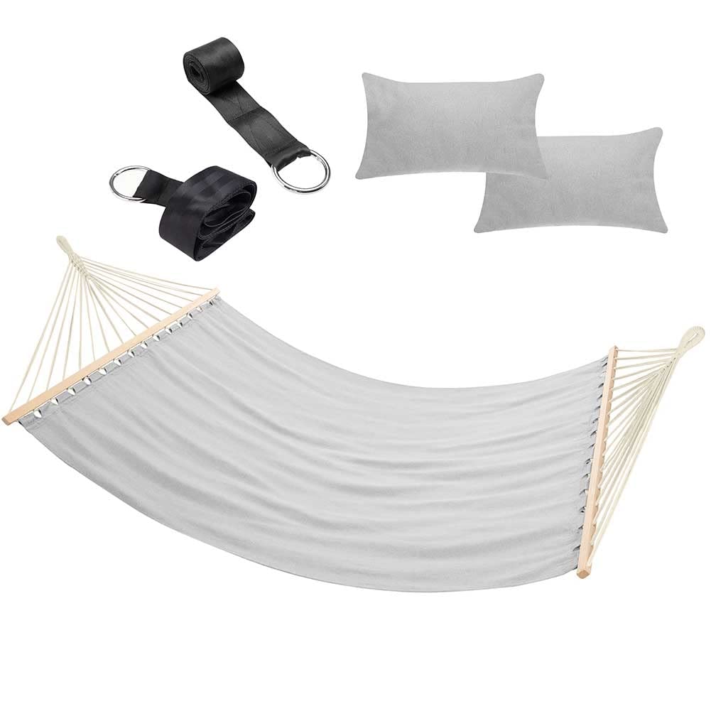 Bakaji Hamac de Jardin Double 2 Places 232 x 148 cm Barres transversales en Bois Revêtement en Polycoton avec 2 Coussins et Sangles Design Moderne pour Jardin Terre Camping (Gris Clair)