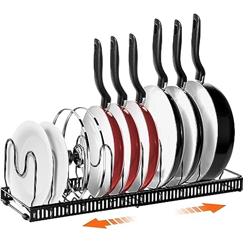AHNR Expandable Pot and Pan Organizers Rack, 10+ Pans and Pots Lid Organizer Rack Holder, Kitchen Cabinet Pantry Bakeware Organizer Rack Holder with 10 Adjustable Compartments (Black) Cover