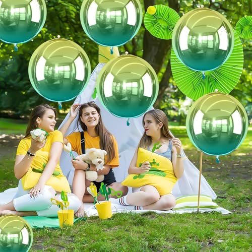 Image of Gradient Green Round Foil Balloons Birthday Prom Decor 22 Inch 6 Pcs | Metallic Green 4D Helium Ball Balloons for Graduation Wedding Halloween Disco Prom Tropical Party Decorations
