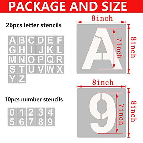 Image of 36 Pcs Letter Stencils and Numbers, Alphabet Craft Stencils, Reusable Plastic Stencils for Painting on Wood, Wall, Fabric, Rock, Chalkboard, Signage, DIY School Art Projects (8 Inch)