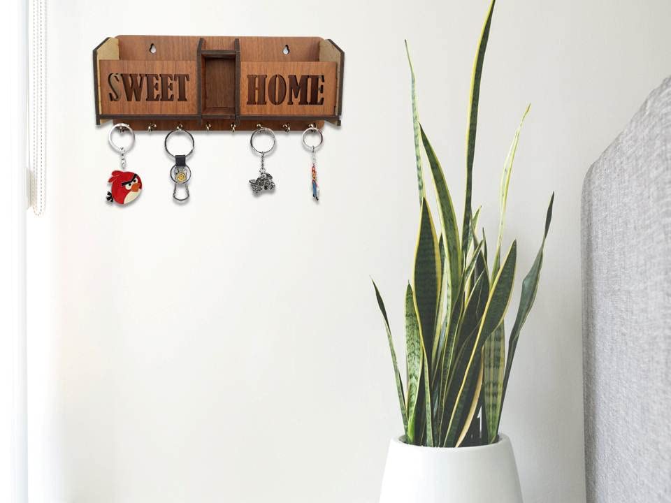 Image of Sweet Home Key Holder for Home Wall Stylish | Wooden Key Stand for Wall | MDF Key Hanger | Two Box to Charge Mobile | Pen and Keys Holder Stand for Office, Hall Living | Matte Finish