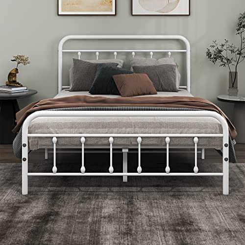 DUMEE Double Bed Frame with Headboard and Footboard Heavy Duty Mattress Foundation, Black (White, Double)