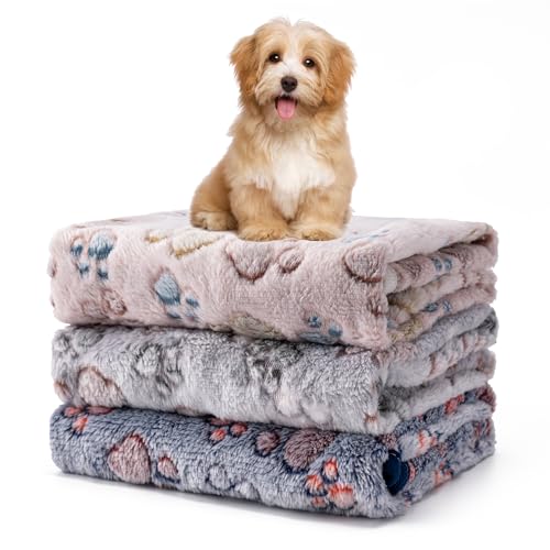 Image of 1 Pack 3 Blankets Fluffy Premium Fleece Soft Pet Blanket Flannel Throw for Cat Dog Puppy (Small 23x16'', Paw-Beige /Grey /Navy)