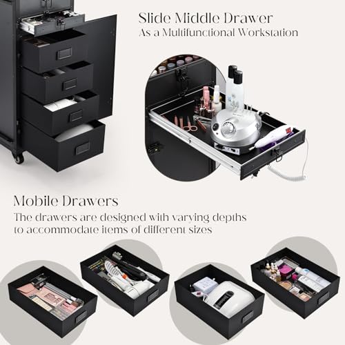 Maleta de Maquillaje con Mesa y 5 cajones Maletín de Maquillaje Profesional con Ruedas Caja Maquillaje Maleta Peluquería Grande Mesa de Manicura móvil Trolley Maquillaje, Negro - imagen 3