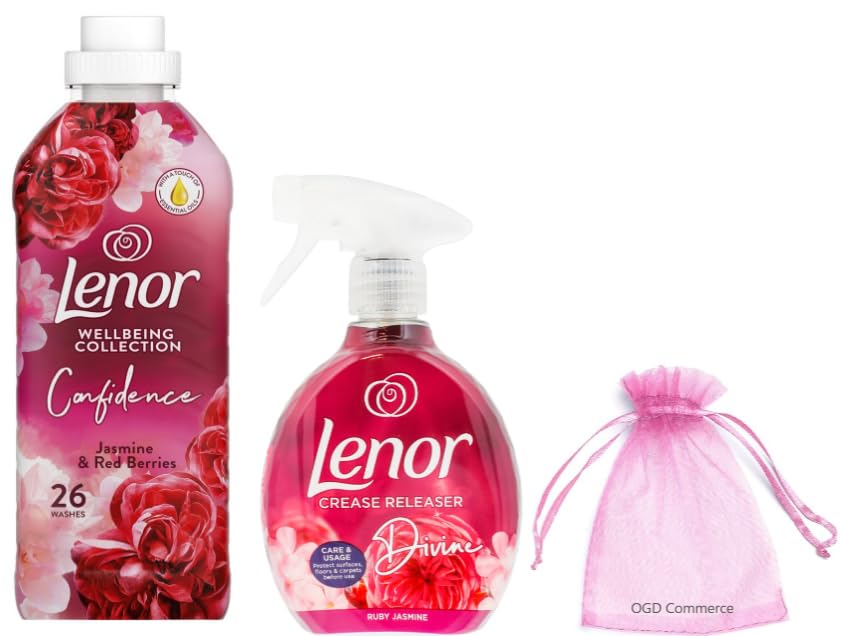 Lenor Jasmine & Red Berries Scent: Fabric Conditioner 26 Washes, 858ml & Crease Releaser Spray, 500ml + for You: Organza Small Bag
