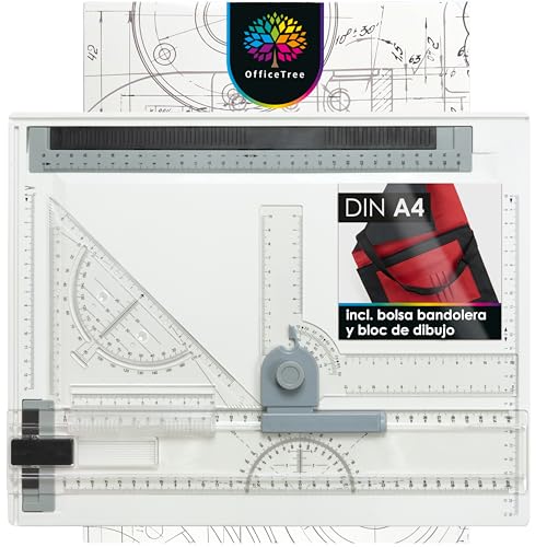 OfficeTree Tablero Dibujo Tecnico A4 - Mesa de Dibujo Tecnico - Tablero de Dibujo 33 x 43 cm - Reglas dibujo- Paralex Tablero 6 Piezas un Trabajo Exacto - Bolsa de Transporte y Diversos Accesorios