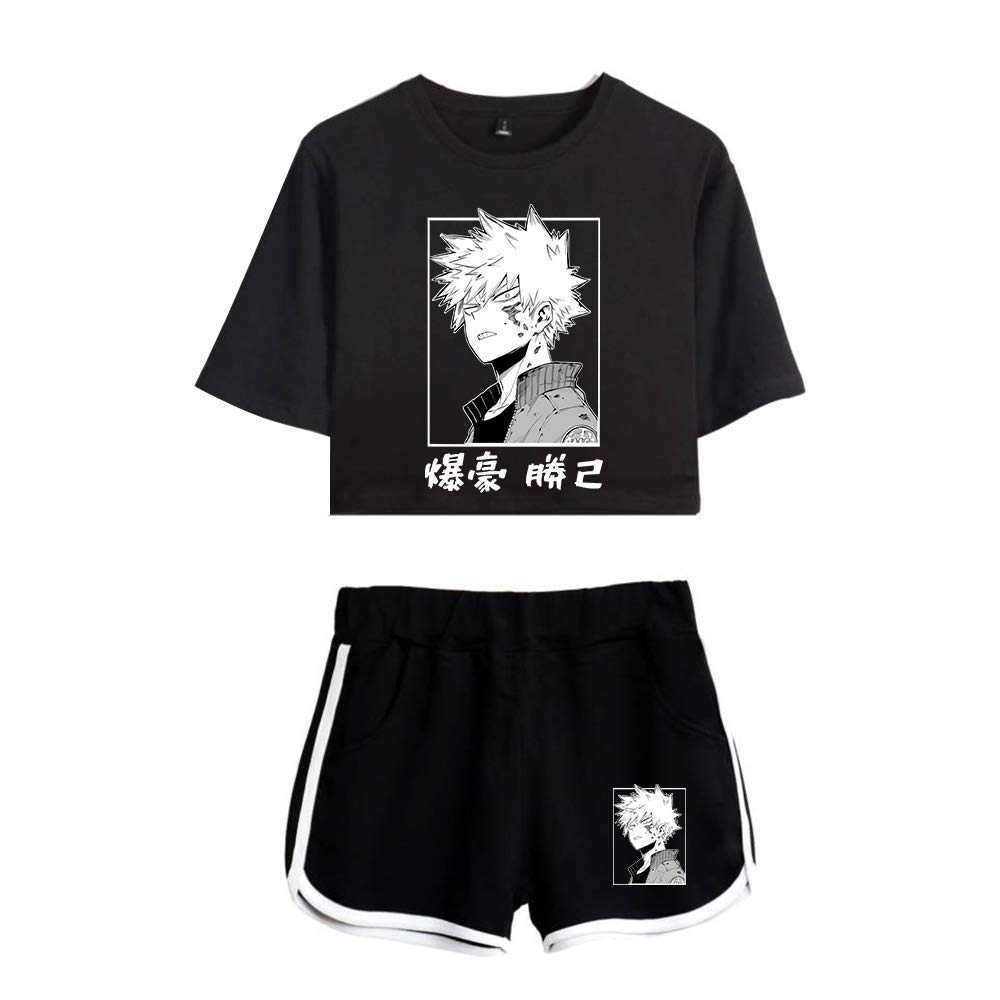 RONGJUN Hero Academia Cosplay Crop Top and Shorts Bakugou Katsuki Short Sleeve Sportswear 2 Piece Outfits for Women Girls (Small, Black 2)