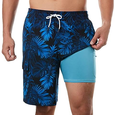 BRISIRA Mens Swim Trunks 9 Inch Bathing Suit Compression Boxer Brief Liner Board Shorts Anti-Chafe Quick Dry Cargo Pocket Cover