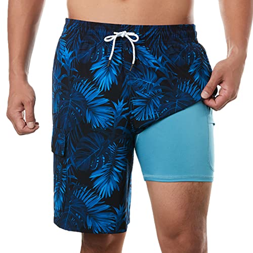 BRISIRA Mens Swim Trunks Bathing Suit 9 Inch Inseam Compression Liner Beach Long Board Shorts Swimsuit Anti-Chafe Quick Dry