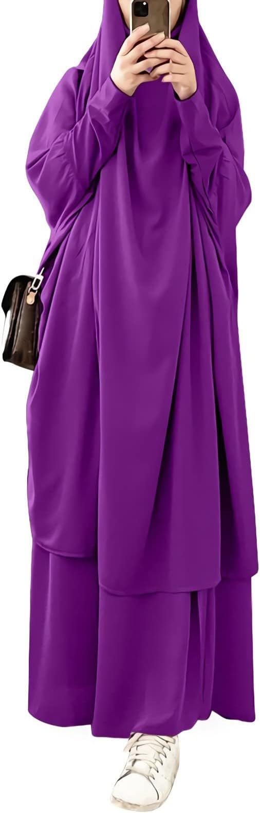 AlilyolWomens Muslim Abaya Solid Prayer Dress Islamic Maxi Kaftan with Hijab Dubai Full Length 2 Piece Dress