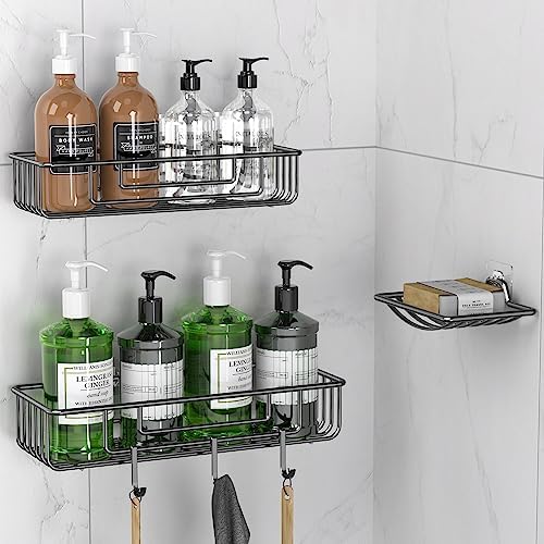 Htworg CR Shower Caddy Basket Shelf, 3-Pack No Drilling Adhesive Shower Organizer and Soap Holder for Inside Bathroom & Kitchen Storage, Black Rustproof Shower Shelves with Removable Hooks