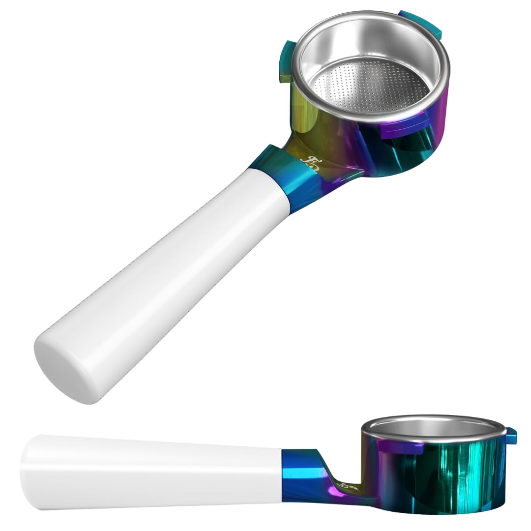 For Days 54mm Flat Base Bottomless Naked Portafilter Intended for Breville Espresso Machines, Includes Filter Basket, Wood Handle, Plastic Handle, Stainless Steel (White Handle - Rainbow)