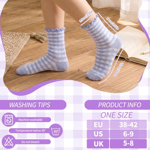 Image of 6 Pairs Women Ruffle Striped Frilly Socks, Cute Checkered Ankle Sock for Women Cotton Knit Casual Crew Socks