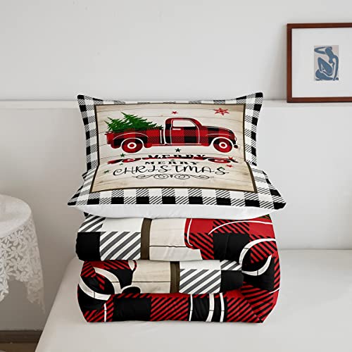 Homewish Xmas Truck Comforter Set Queen SizeBlack White Geometric Grid Bedding 3pcs for Kids Teens Adults Room DecorBrown Rustic Farmhouse Quilt Happy New Year Duvet Insert2 Pillowcases