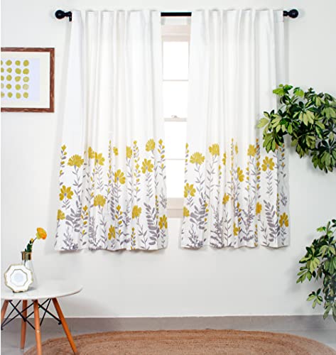 Image of Tranquebar Curtain Co. Window Curtains 5 Feet, 60-65% Room Darkening, Yellow Floral Print, Cotton Curtains for Window, Cotton Curtains 5 Feet Long Set of 2, BackTab Loops, Mazzo (152 cm) - Set of 2