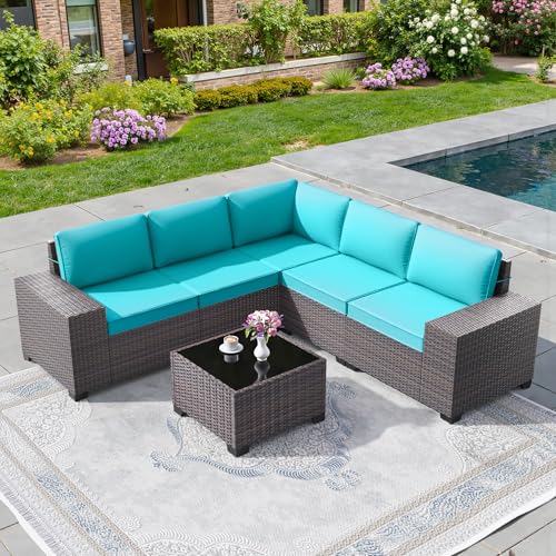 Image of 6 PCS Outdoor Patio Furniture Set,Outdoor Sectional Furniture All Weather PE Rattan Wicker Patio Conversation Set with Coffee Table and 5 Thickened Cushions,Turquoise Blue
