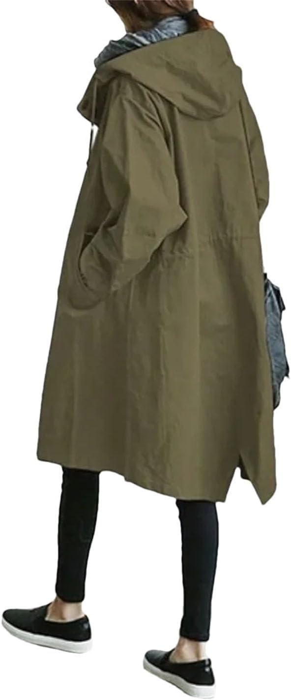 Women Chic Trench Coat With Cap Button Long Outerwear Loose Overcoat