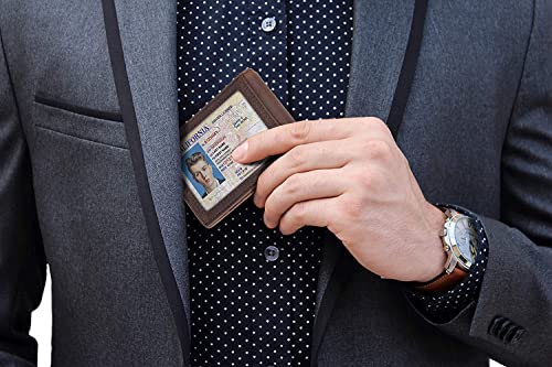 Contacts Genuine Leather Money Clip Wallet Slim Front Pocket RFID Blocking Card Holder Minimalist Mini Bifold for Men's with Smart Pull Strap 8 Card Slots Photo ID (Brown) 2 51kKS93ydOL