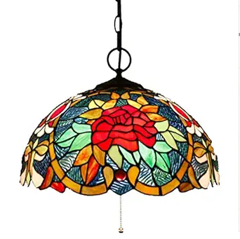 16-Inch Tiffany Style Hanging Pendant Lamp Fixture in Rose Flower Stained Glass Hanging Lighting with 3 Light Dining Room Kitchen Restaurant Hallway Pendant Light,110-240V,E27,B1