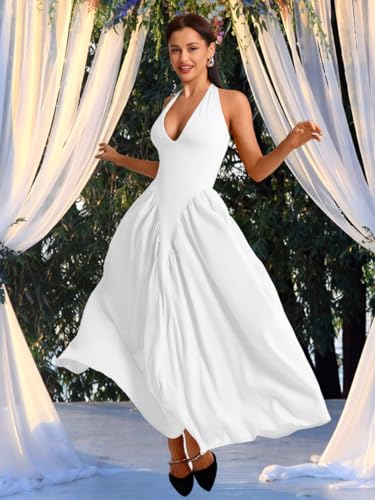 Image of ChiaoLezhee Deep V Neck Dress, Halter Maxi Dresses, Vacation Date Night, Sexy for Women Corset Flowy Wedding Guest Drop Waist